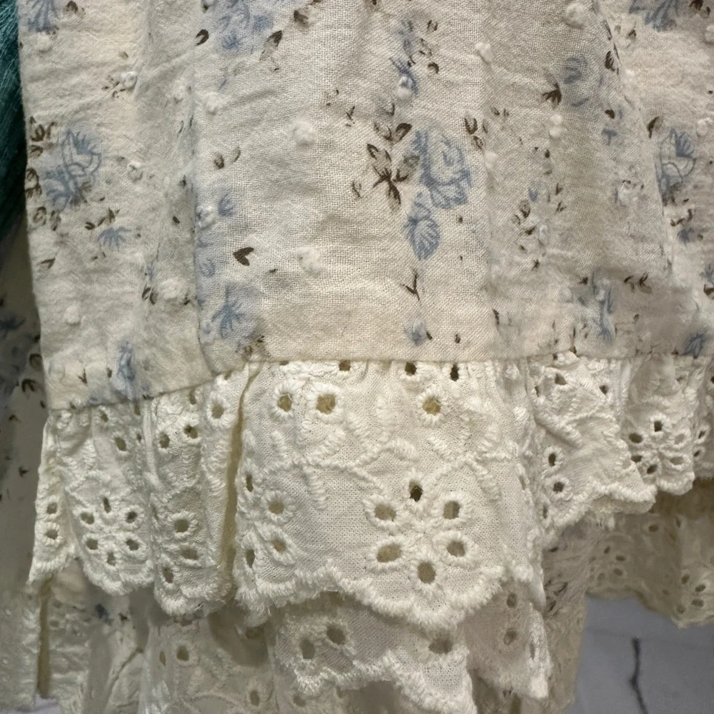 NWT BOHME Blue Floral Swiss Dot Tiered Maxi Skirt ruffle eyelet hem pockets - Picture 3 of 6